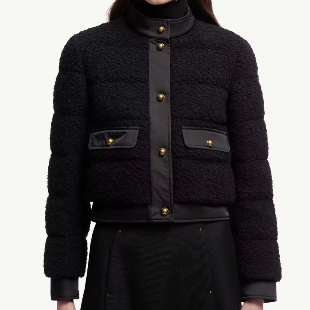 NWT Moncler Blandy Wool Blend Bouclé Short Puffer Down Jacket Gold Buttons Sz M